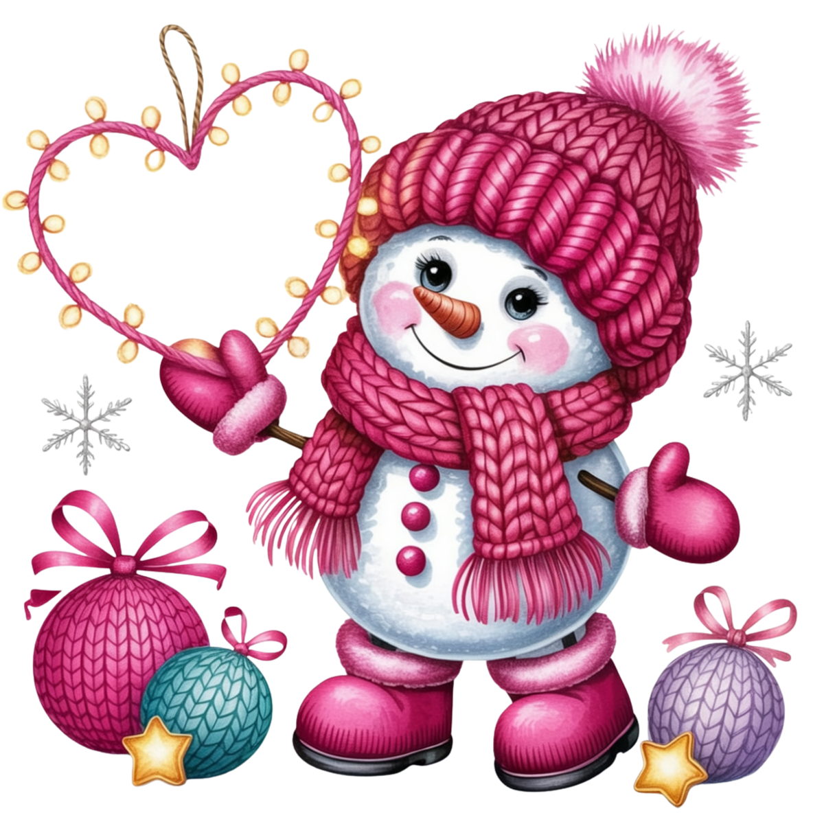 A festive cartoon snowman wearing a pink knit hat with a pom-pom, matching pink scarf, pink mittens, and pink boots, holding a heart-shaped string light. 