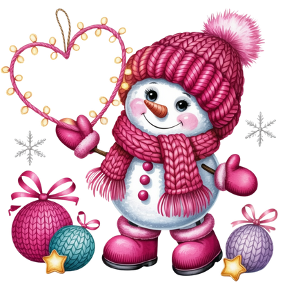 A festive cartoon snowman wearing a pink knit hat with a pom-pom, matching pink scarf, pink mittens, and pink boots, holding a heart-shaped string light. 