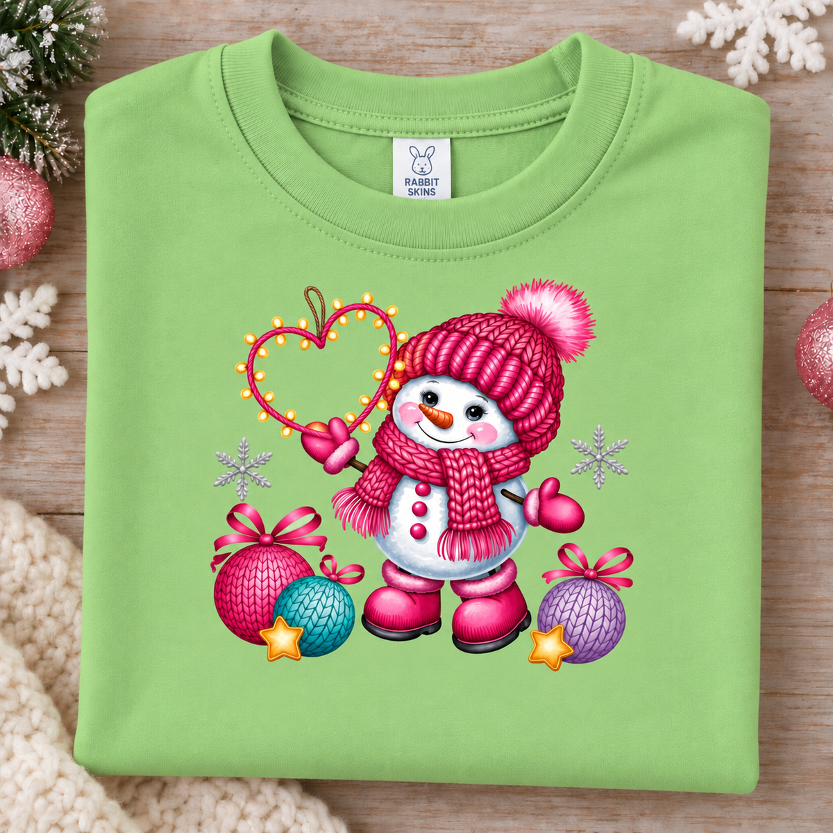 A folded keylime green crewneck sweatshirt with a colorful Christmas snowman graphic, displayed on a wooden surface with festive decorations.
