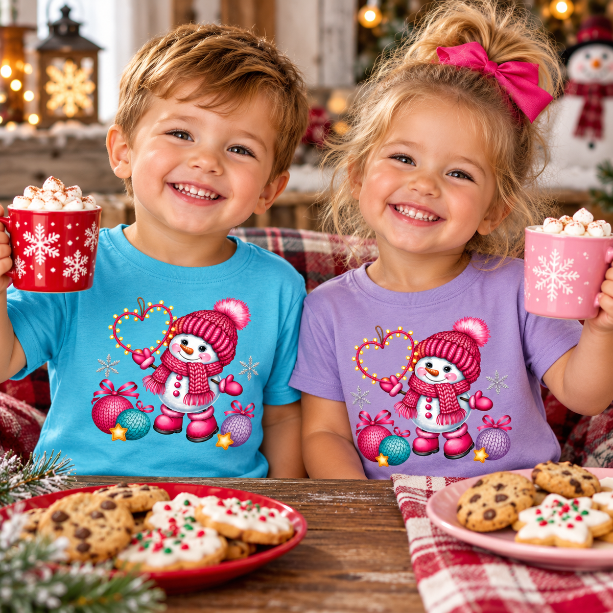 Cozy Pink Snowman with Heart Lights & Christmas Ornaments T-Shirt (Toddler)