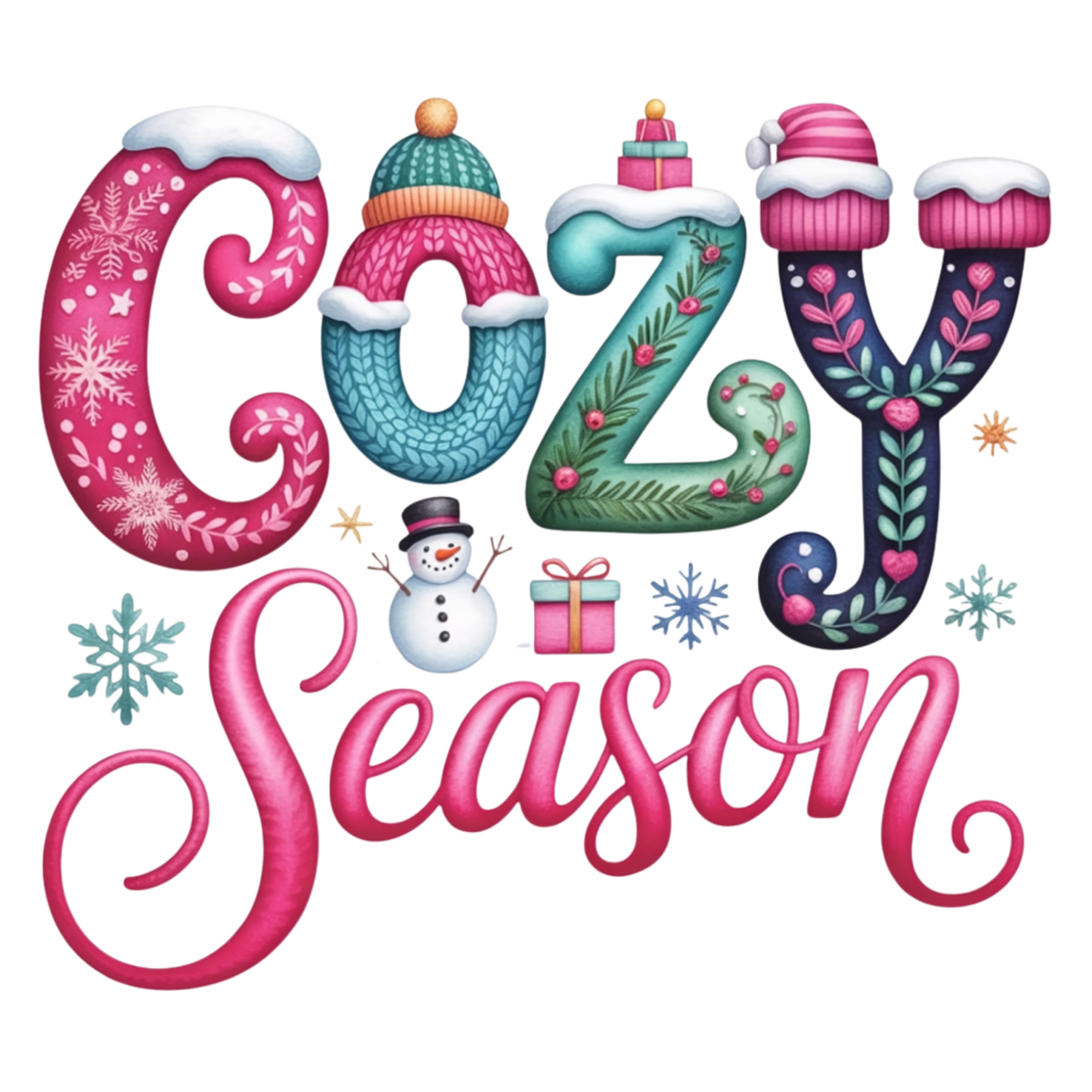 A festive decorative graphic reading 'Cozy Season' in stylized holiday letters with snowflakes, a snowman, gifts, and winter motifs on a white background.