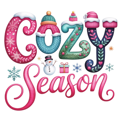 A festive decorative graphic reading 'Cozy Season' in stylized holiday letters with snowflakes, a snowman, gifts, and winter motifs on a white background.
