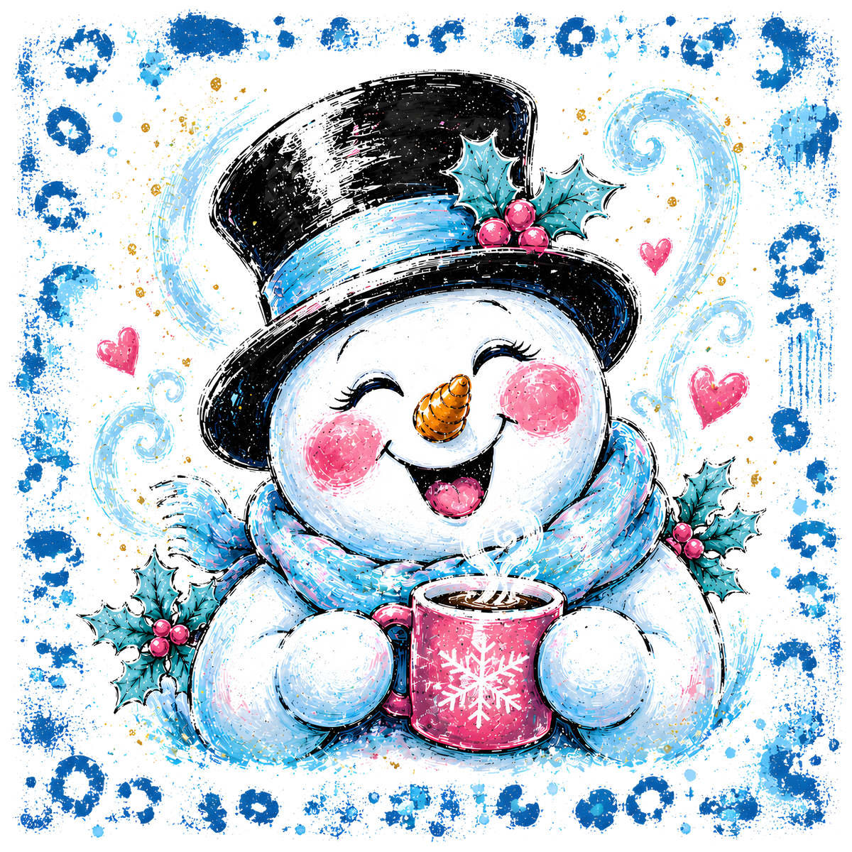 A festive illustration of a smiling snowman wearing a black top hat with blue brim, a blue scarf, and holly accents, holding a pink mug with a snowflake design. The background is white with blue decorative swirls and hearts.