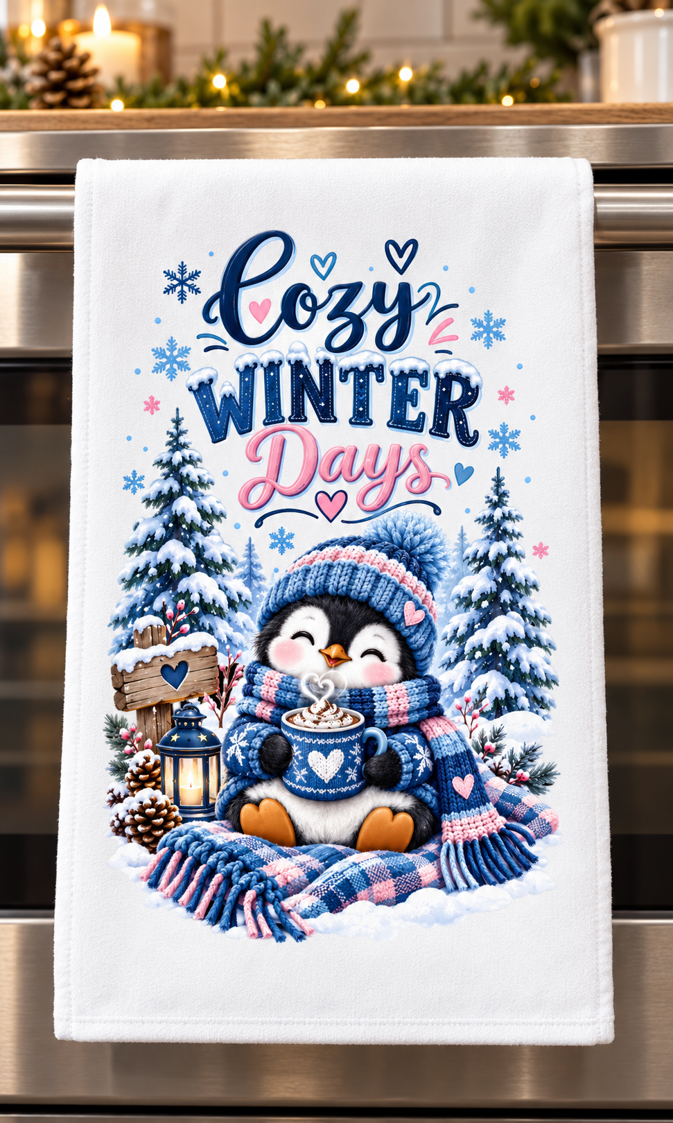A white kitchen towel hanging on a stainless steel oven handle, featuring a cozy winter graphic design of a penguin in a blue and pink hat and scarf, surrounded by snow-covered pine trees and the text 'Cozy WINTER Days'.