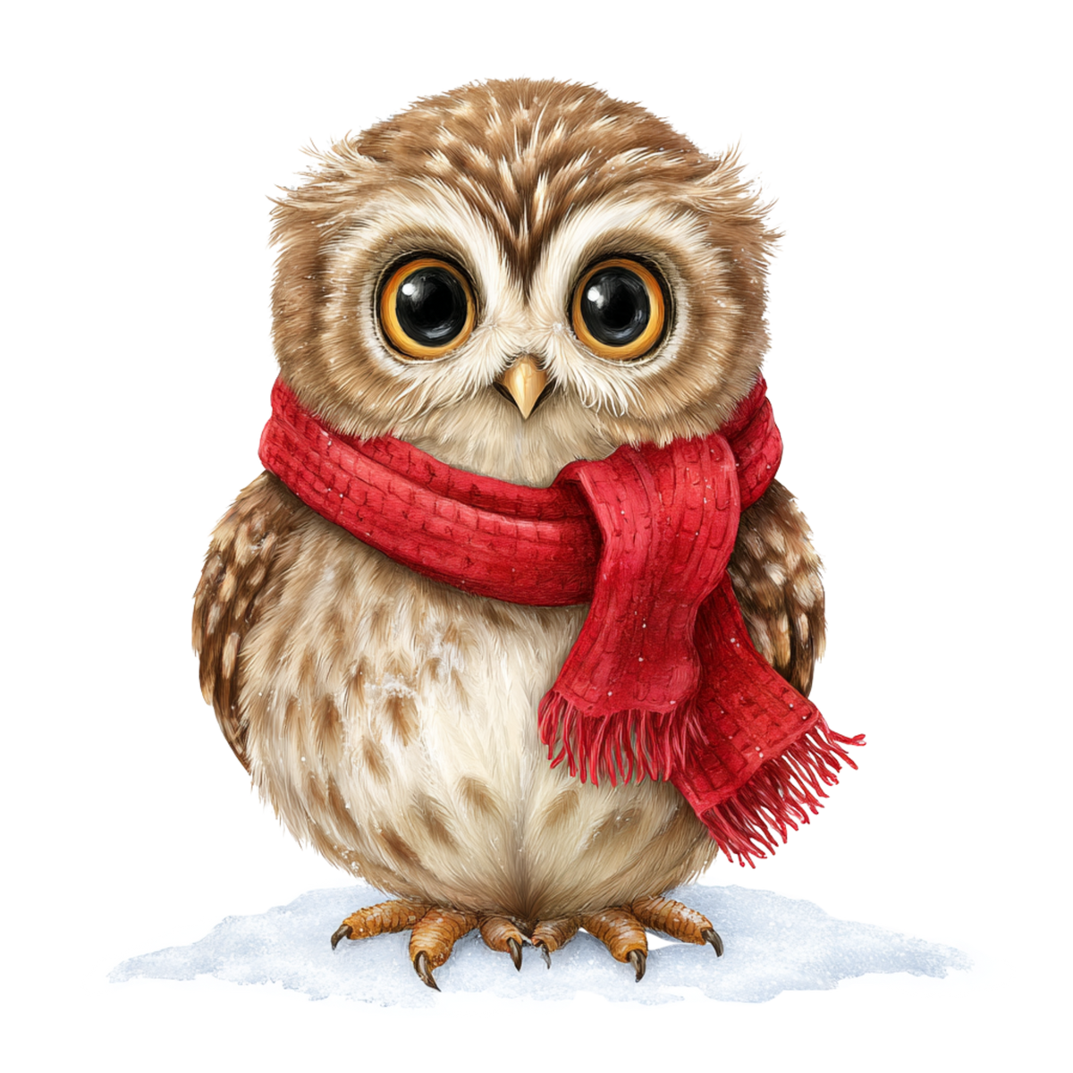A cute cartoon-style owl with large round eyes, brown and cream feathers, and a bright red knitted scarf, standing on a small patch of white ground against a plain white background.