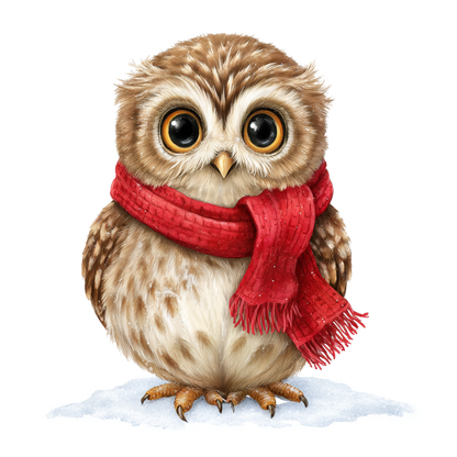 A cute cartoon-style owl with large round eyes, brown and cream feathers, and a bright red knitted scarf, standing on a small patch of white ground against a plain white background.
