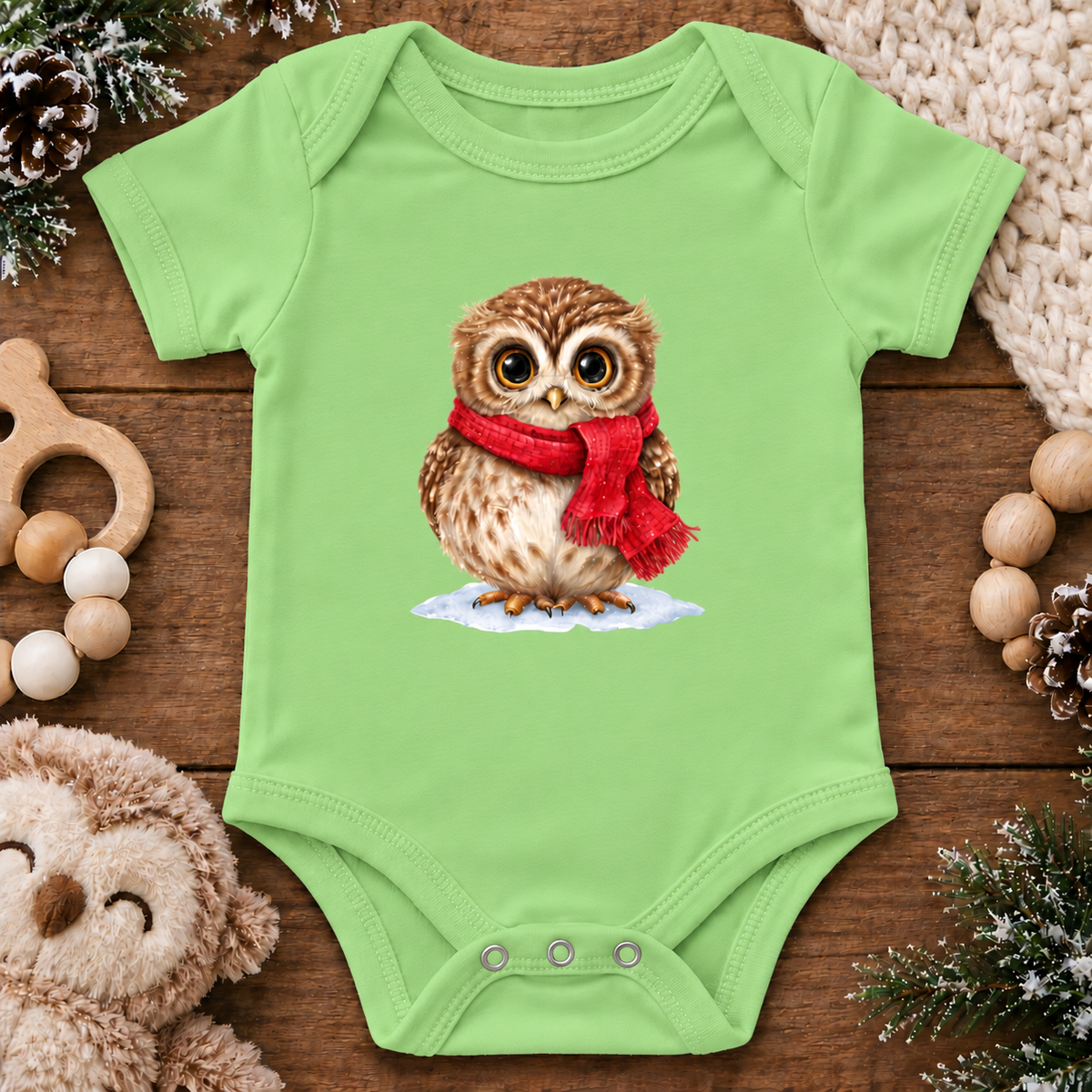 A keylime green baby bodysuit laid flat on a rustic wooden surface, featuring a printed illustration of a brown owl wearing a red scarf on a small white patch of snow. The bodysuit is styled with holiday props including a teddy bear, pinecones, wooden beads, and a knit blanket.