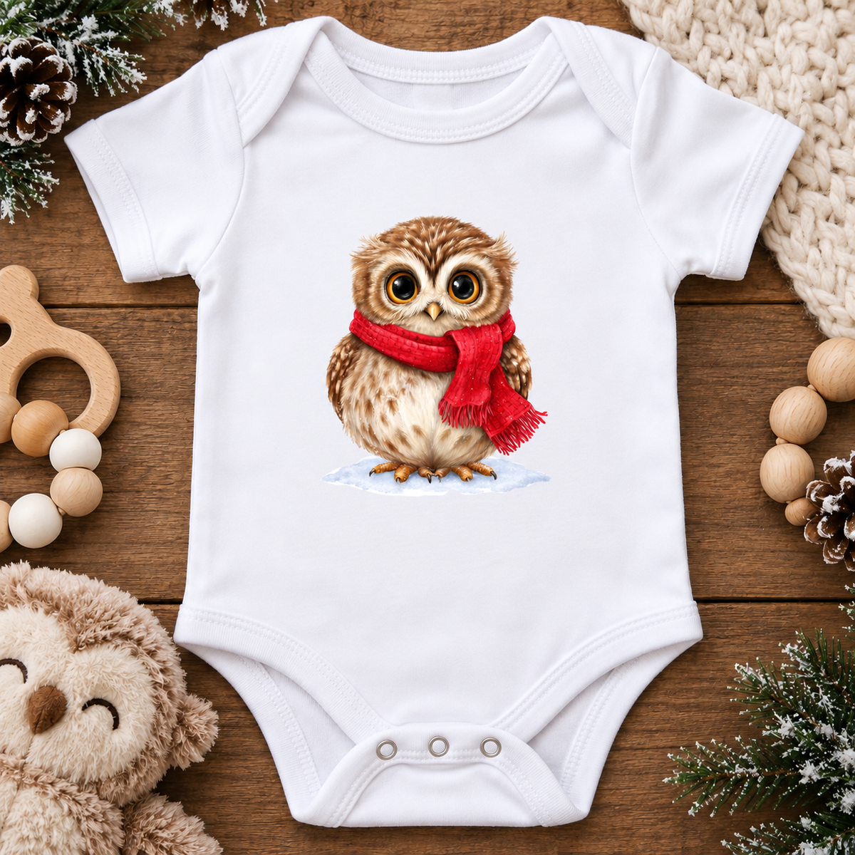 A white short-sleeve baby bodysuit laid flat on a wooden surface, featuring a printed illustration of a brown owl wearing a red scarf. The bodysuit is styled with holiday-themed props including a plush toy, wooden beads, pinecones, and a knitted blanket.