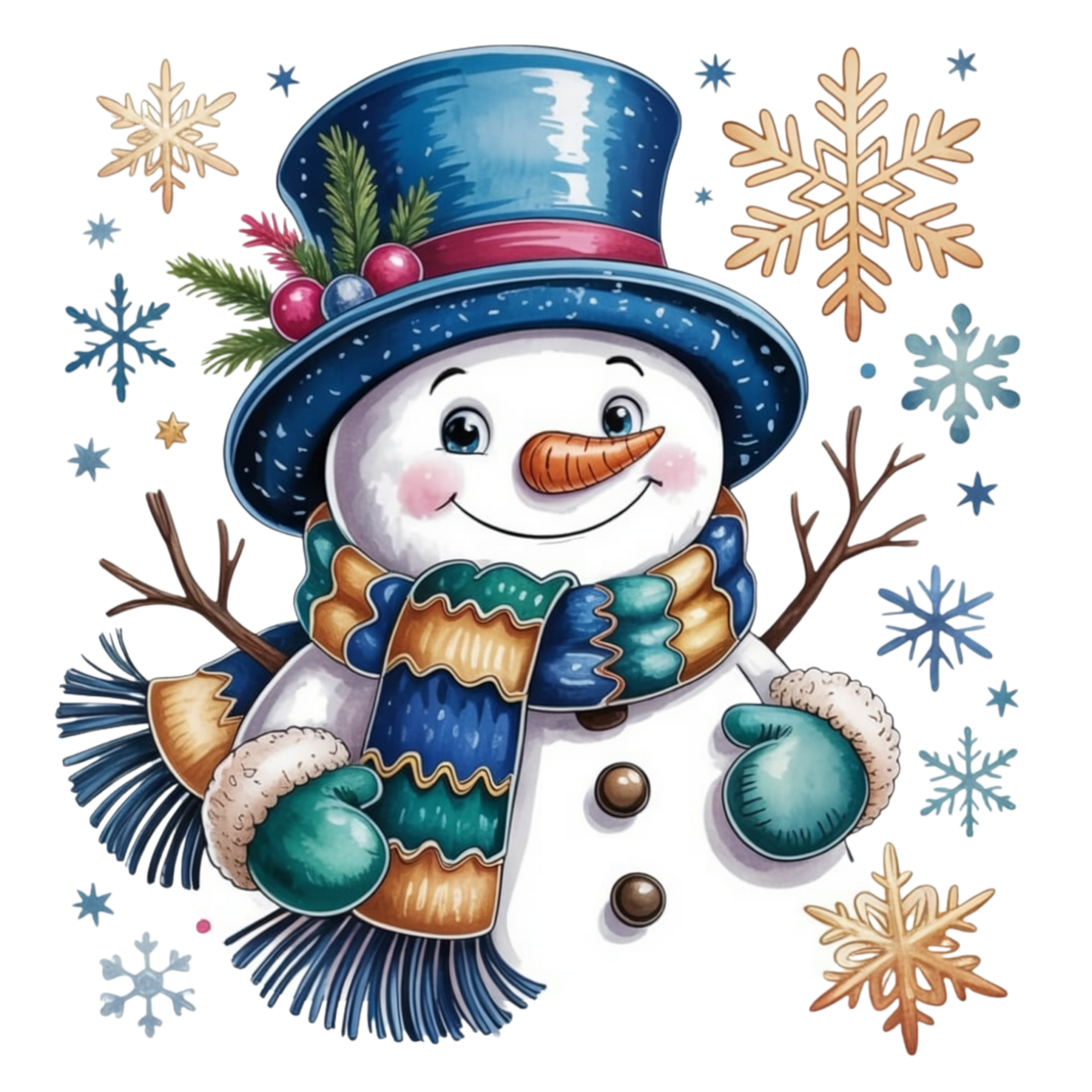 A festive cartoon snowman illustration centered on a white background, wearing a blue top hat with greenery and pink berries, a blue-and-gold striped scarf, teal mittens, and a carrot nose. Decorative snowflakes and stars surround the snowman.