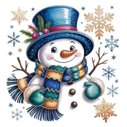 A festive cartoon snowman illustration centered on a white background, wearing a blue top hat with greenery and pink berries, a blue-and-gold striped scarf, teal mittens, and a carrot nose. Decorative snowflakes and stars surround the snowman.