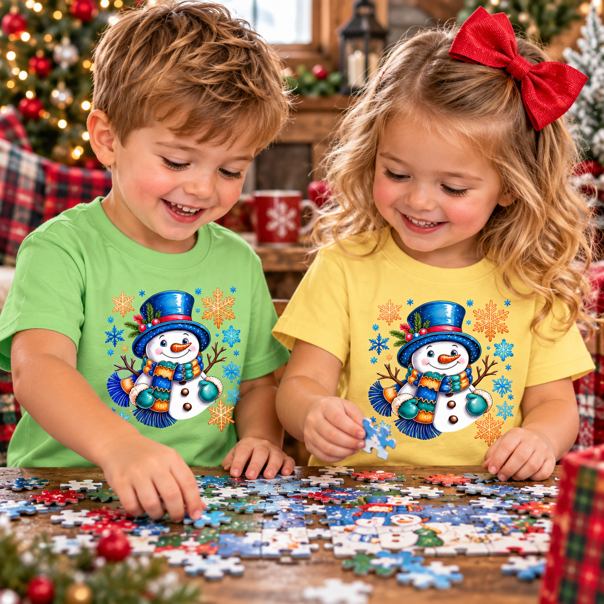 A boy and girl toddler wearing a cozy winter snowman graphic t-shirt while making a puzzle.