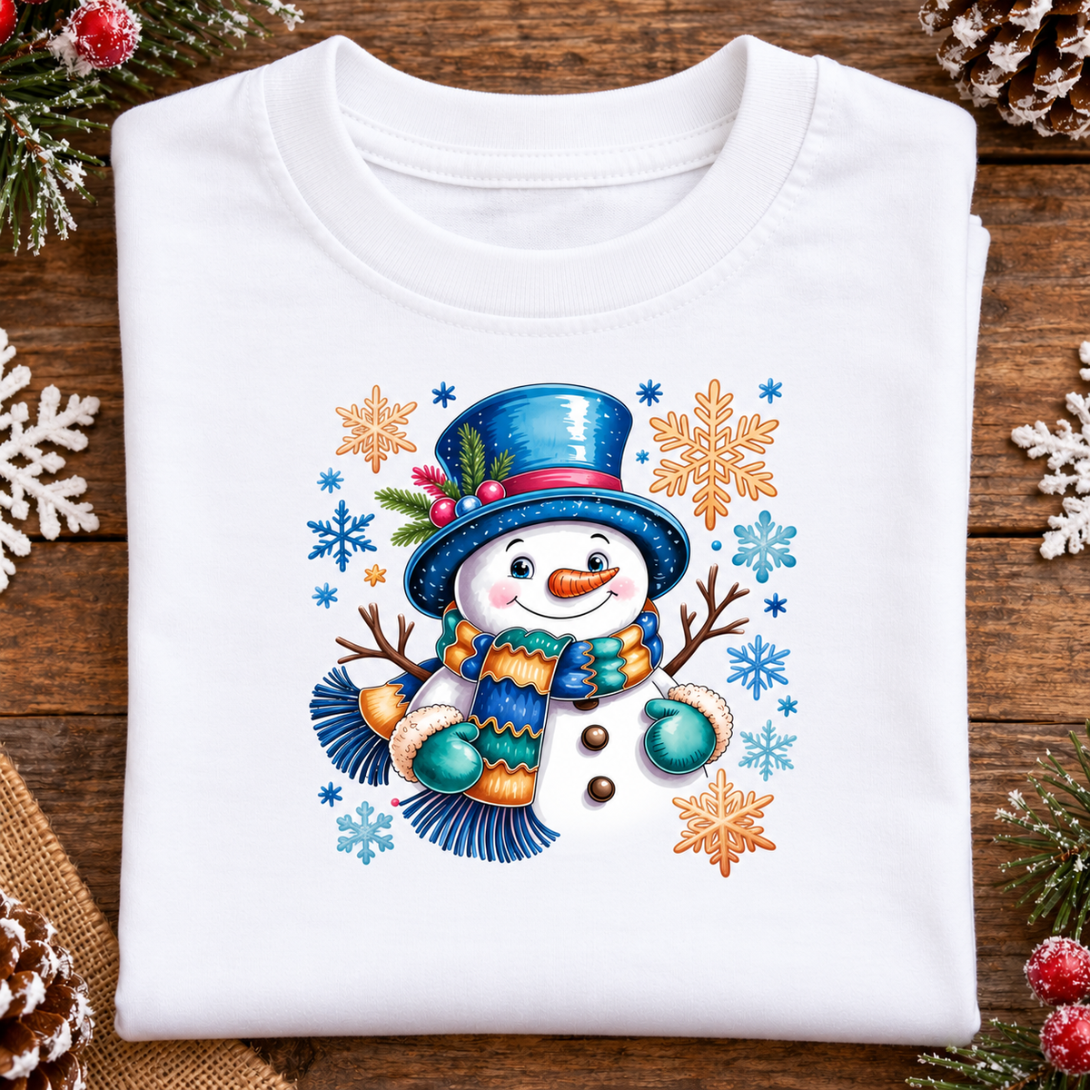A folded white crewneck t-shirt with a colorful winter snowman graphic, displayed on a rustic wooden surface decorated with pine branches, snowflakes, and pinecones.