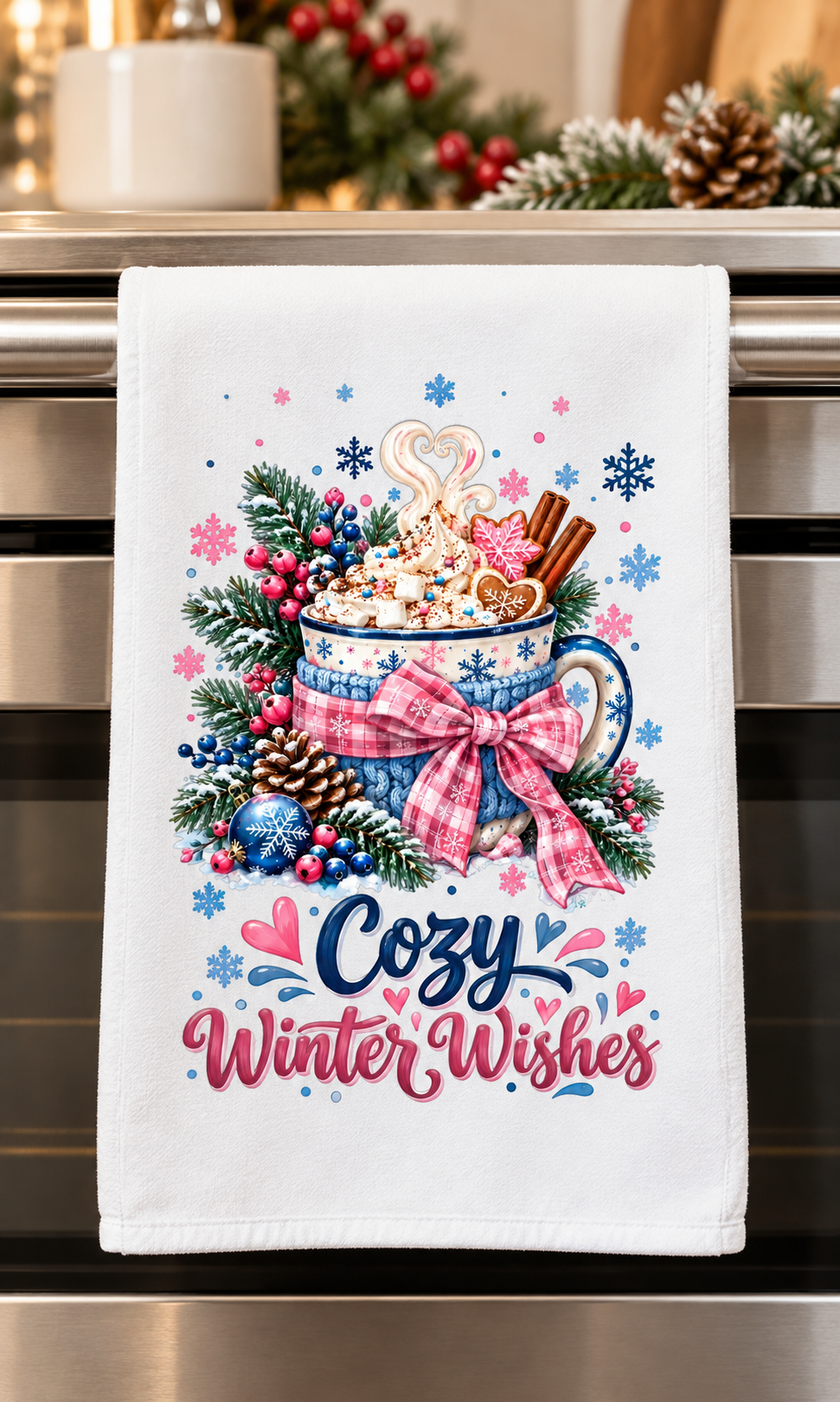 A white kitchen towel hanging on a stainless steel oven handle, featuring a festive winter graphic design of a hot mug with cinnamon sticks, snowflakes, pine branches, and the words 'Cozy Winter Wishes' in blue and pink script.