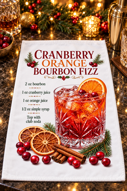 A white kitchen towel printed with a festive recipe for Cranberry Orange Bourbon Fizz, featuring a graphic design of a cocktail glass, cranberries, orange slices, cinnamon sticks, and evergreen branches. The towel is displayed on a dark granite countertop surrounded by warm holiday lights, ornaments, and a shaker.