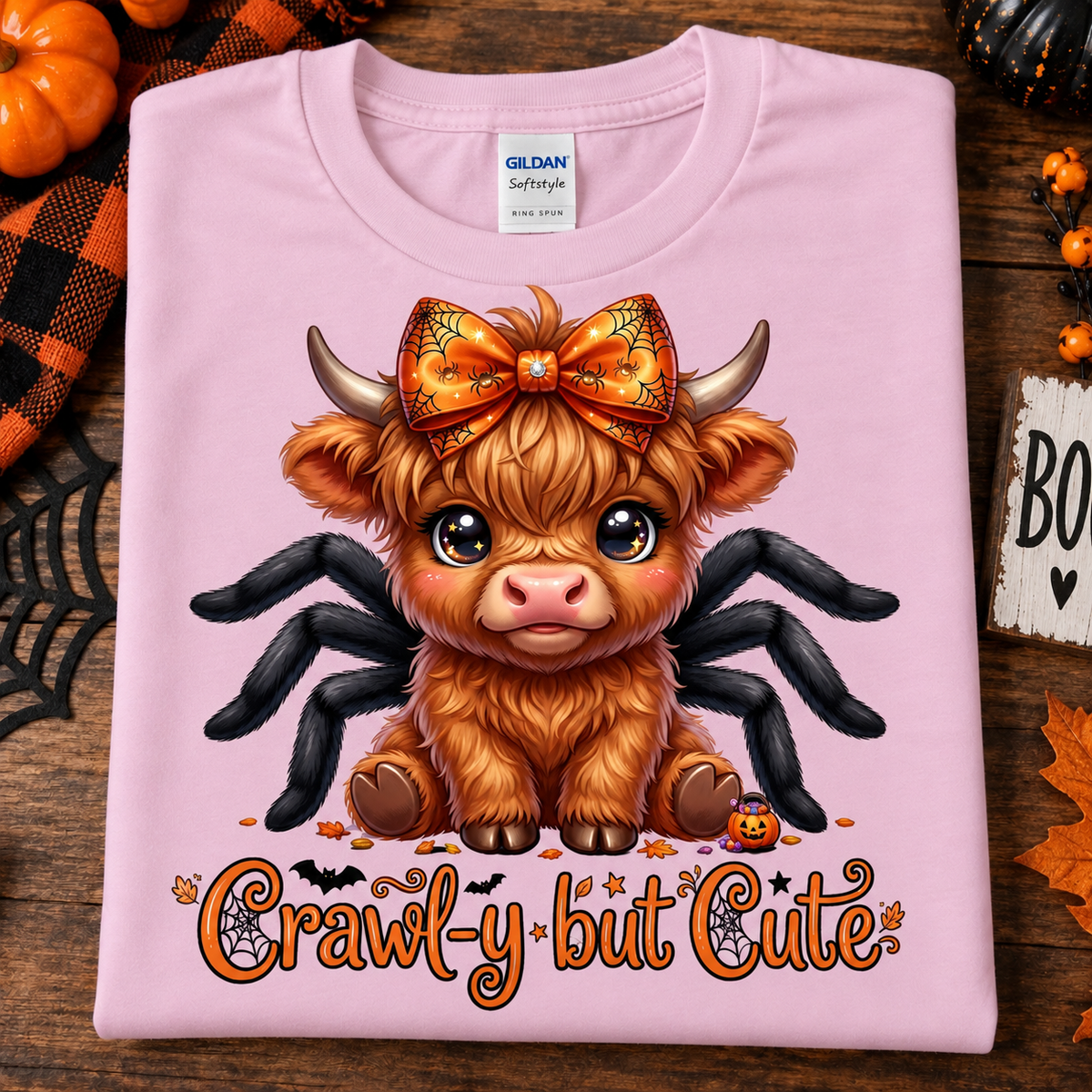A folded light pink Gildan Softstyle t-shirt with a cartoon graphic of a cute orange-brown highland cow with black spider legs and an orange bow, above the text 'Crawl-y but Cute' in orange. The shirt is displayed on a rustic wooden background with Halloween decorations including pumpkins, spiderwebs, and autumn leaves.
