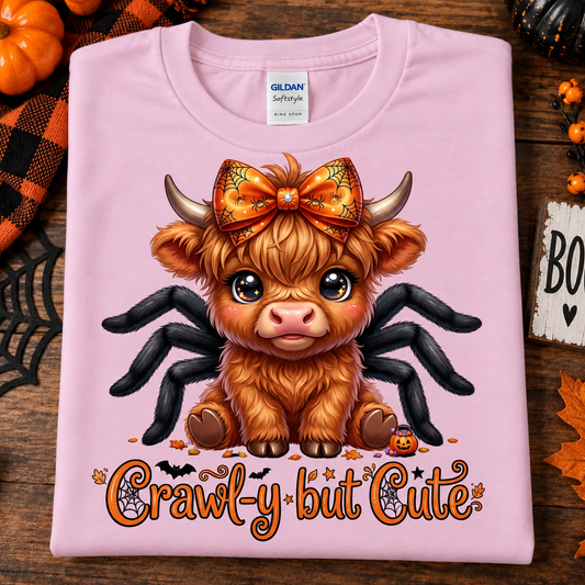 A folded light pink Gildan Softstyle t-shirt with a cartoon graphic of a cute orange-brown highland cow with black spider legs and an orange bow, above the text 'Crawl-y but Cute' in orange. The shirt is displayed on a rustic wooden background with Halloween decorations including pumpkins, spiderwebs, and autumn leaves.