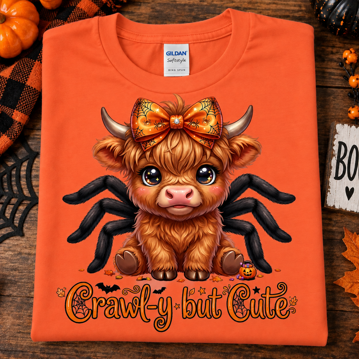 An orange Gildan Softstyle t-shirt laid flat on a rustic wooden surface with Halloween decorations. The shirt features a graphic of a cute, fluffy Highland cow hybrid creature with large black spider legs and the text 'Crawl-y but Cute' printed below.