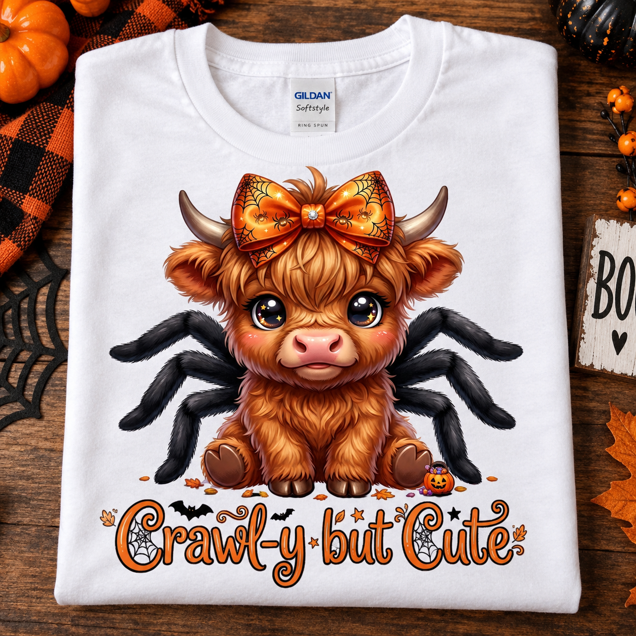 A folded white Gildan Softstyle T-shirt with a colorful graphic of a cute cartoon Highland cow wearing an orange spider-themed bow, displayed on a rustic wooden background with Halloween decorations.