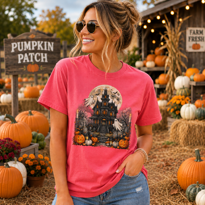 A woman wearing a bright pink graphic t-shirt with a Halloween haunted house design, standing in a rustic fall-themed outdoor setting with pumpkins and hay.