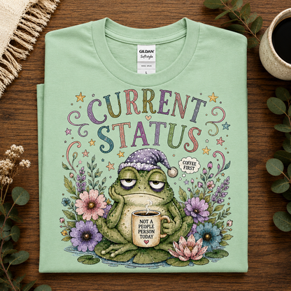 A folded mint green Gildan Softstyle t-shirt is displayed flat on a dark wooden table. The shirt features a colorful graphic of a tired green frog wearing a purple winter hat and holding a mug that says 'NOT A PEOPLE PERSON TODAY'.