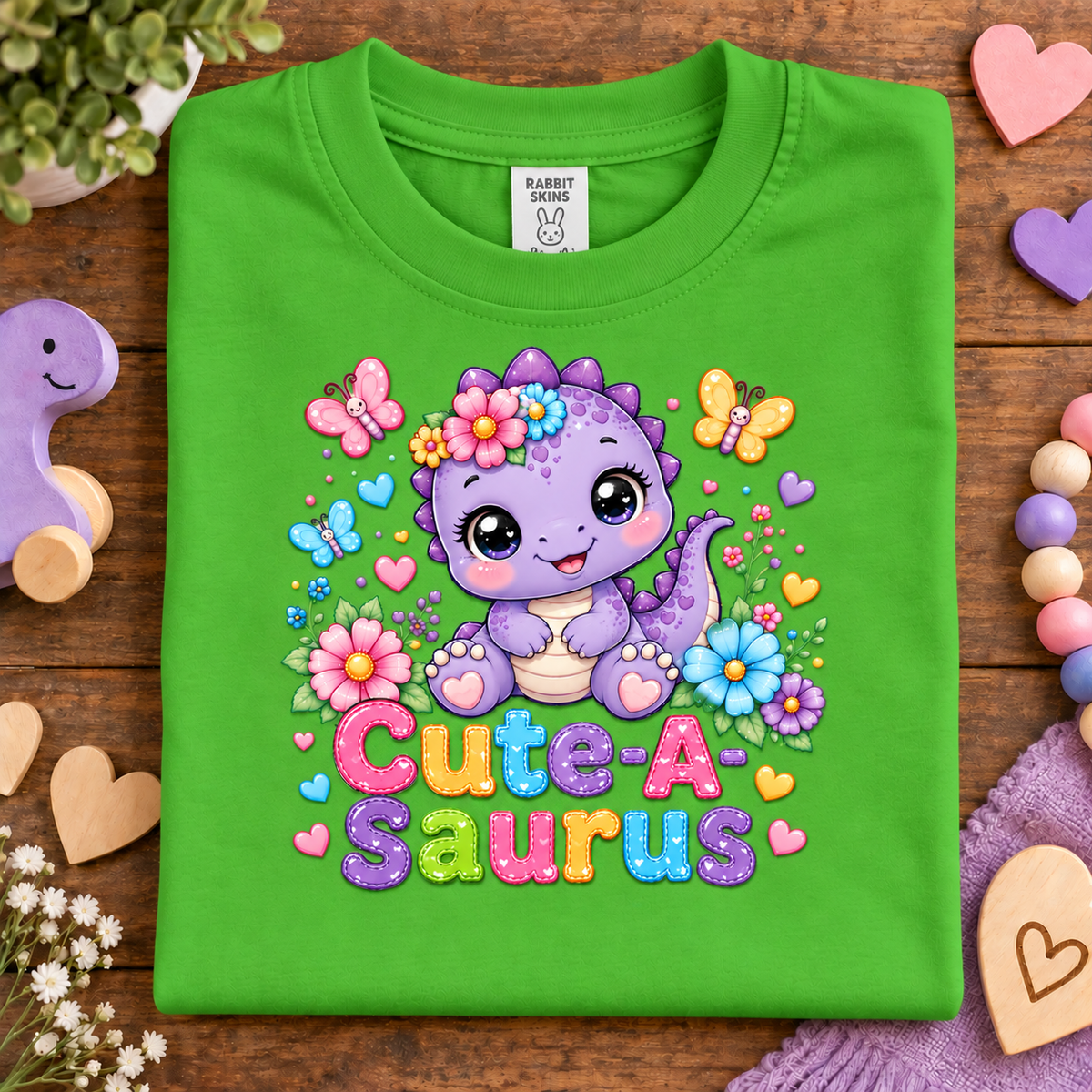 A apple green folded t-shirt with a colorful graphic of a cute purple dinosaur surrounded by flowers, butterflies, and hearts, with the text 'Cute-A Saurus' in glittery letters. The shirt is displayed on a wooden surface with decorative Easter-themed props.