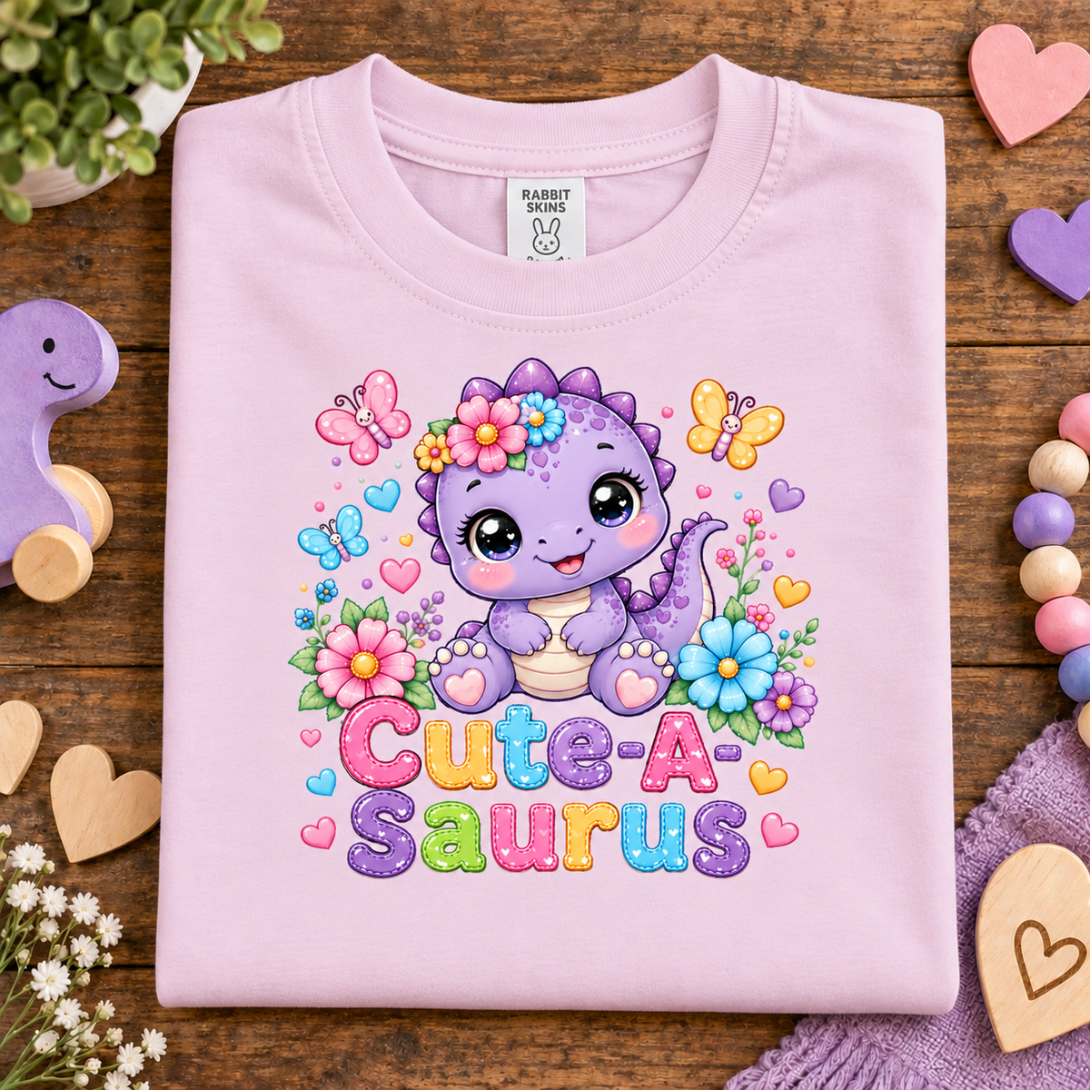 A folded ballerina pink t-shirt with a colorful graphic of a cute purple dinosaur surrounded by flowers, butterflies, and hearts, with the text 'Cute-A Saurus'. The shirt is displayed on a rustic wooden background with decorative props like wooden hearts, beads, and a small plant.
