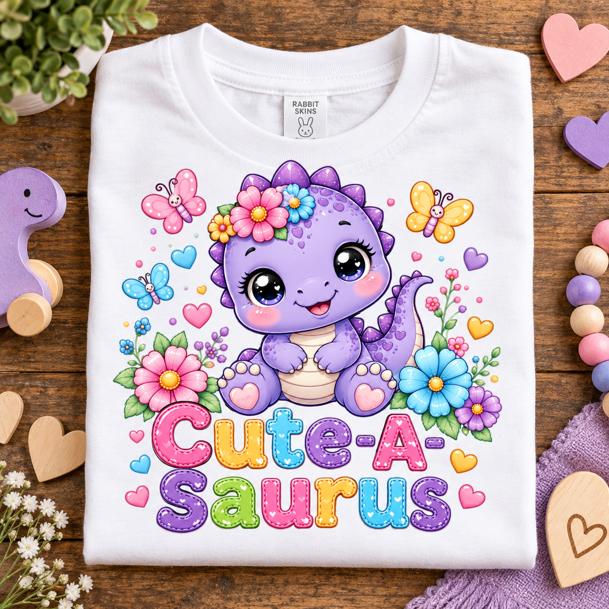 A folded white T-shirt with a colorful cartoon graphic of a purple dinosaur surrounded by flowers, butterflies, hearts, and the text 'Cute-A-Saurus'. The shirt is displayed on a wooden surface with decorative props including wooden hearts, beads, and a small plant.