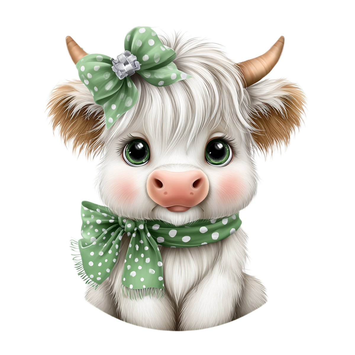 A cute cartoon-style white cow with brown horns, large green eyes, pink cheeks, a green polka-dot bow on its head, and a matching green polka-dot scarf, shown on a plain white background.
