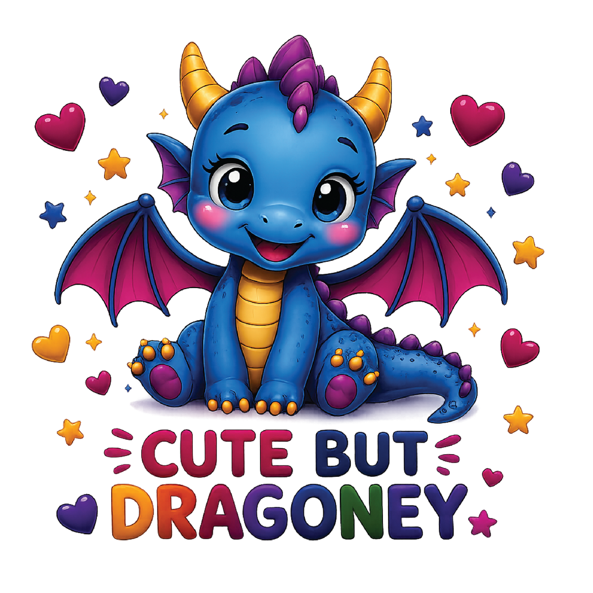 A colorful cartoon dragon sitting on a white background with hearts and stars around it and the text 'CUTE BUT DRAGONEY' below.