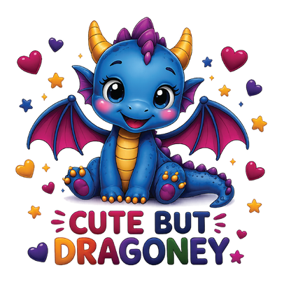 A colorful cartoon dragon sitting on a white background with hearts and stars around it and the text 'CUTE BUT DRAGONEY' below.