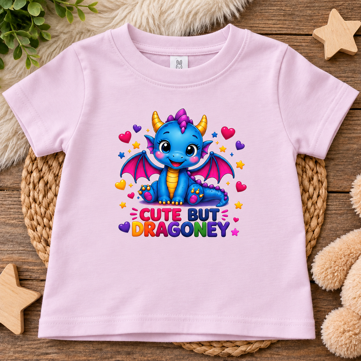 A ballerina pink short-sleeve kids' t-shirt with a colorful cartoon dragon graphic and the text 'CUTE BUT DRAGONEY' printed on the front. The t-shirt is displayed flat on a woven placemat over a wooden surface with decorative toys and a plush toy.