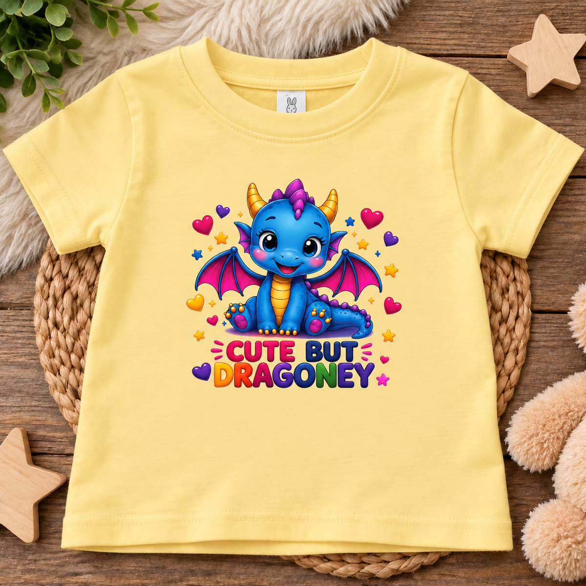A butter yellow short-sleeve baby t-shirt with a colorful graphic of a cute blue dragon and the text 'CUTE BUT DRAGONEY' in rainbow letters. The t-shirt is displayed in a flat-lay arrangement on a woven mat over a wooden surface, surrounded by decorative props like a plush toy, wooden stars, and greenery.