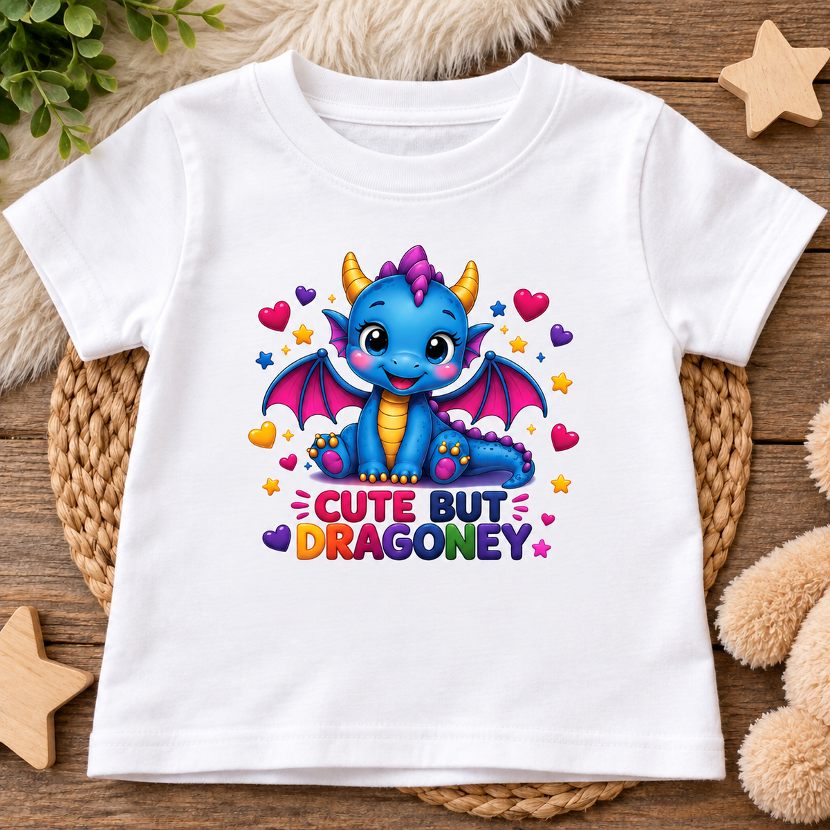 A white short-sleeve kids' t-shirt with a colorful cartoon dragon graphic and the text 'CUTE BUT DRAGONEY' printed on the front. The t-shirt is displayed in a flat-lay setting on a woven mat over a wooden surface, surrounded by decorative props like a star, plush toy, and greenery.