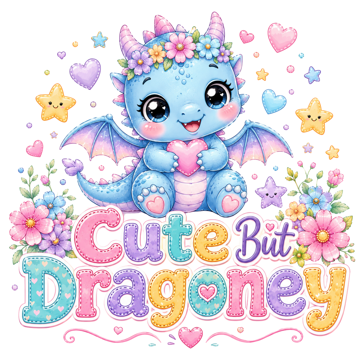 A colorful cartoon dragon holding a pink heart, surrounded by flowers, stars, and hearts, with the text 'Cute But Dragone' in large pastel decorative letters below.