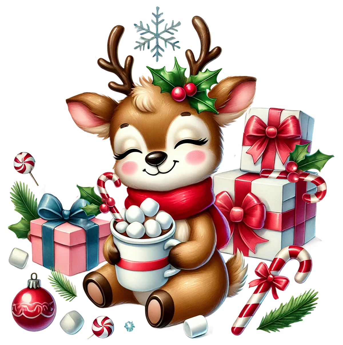 A cute cartoon reindeer with antlers and a red scarf sits surrounded by holiday gifts, marshmallows, candy canes, pine branches, and snowflakes on a plain white background.