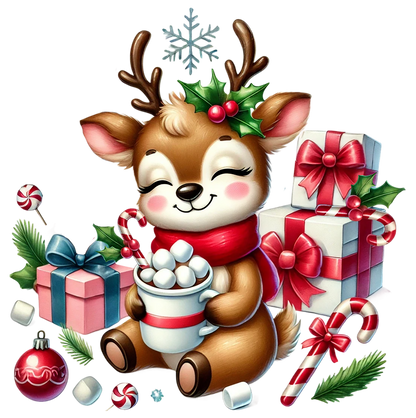 A cute cartoon reindeer with antlers and a red scarf sits surrounded by holiday gifts, marshmallows, candy canes, pine branches, and snowflakes on a plain white background.