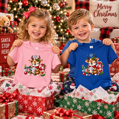 Two children sitting on wrapped Christmas presents, each holding up a short-sleeve holiday graphic T-shirt. The girl wears a pink shirt with a reindeer and gift design, and the boy wears a blue shirt with the same design.