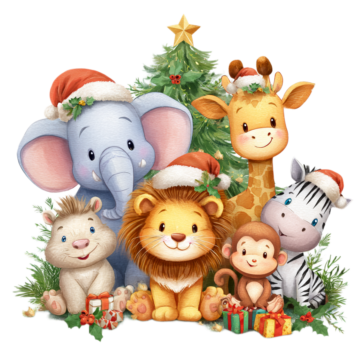 A festive cartoon group of animals wearing Santa hats and sitting around a decorated Christmas tree with gifts, on a plain white background.