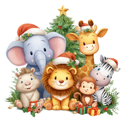 A festive cartoon group of animals wearing Santa hats and sitting around a decorated Christmas tree with gifts, on a plain white background.