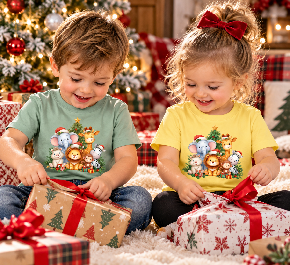 Two children sitting on the floor opening Christmas presents in a festive living room. The boy wears a light green t-shirt with a colorful cartoon animal graphic, and the girl wears a yellow t-shirt with the same graphic.
