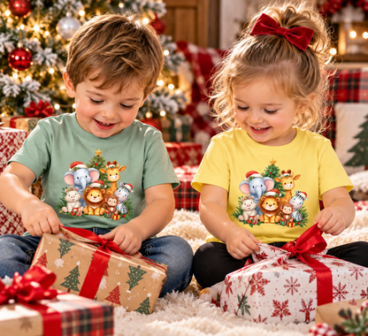 Two children sitting on the floor opening Christmas presents in a festive living room. The boy wears a light green t-shirt with a colorful cartoon animal graphic, and the girl wears a yellow t-shirt with the same graphic.
