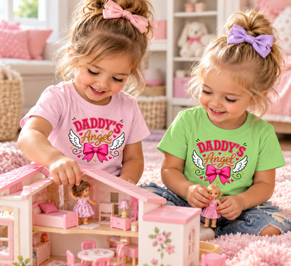 Two toddler girls wearing a ballerina pink and a keylime green t-shirt with angel wings and bow with text Daddy's Angel