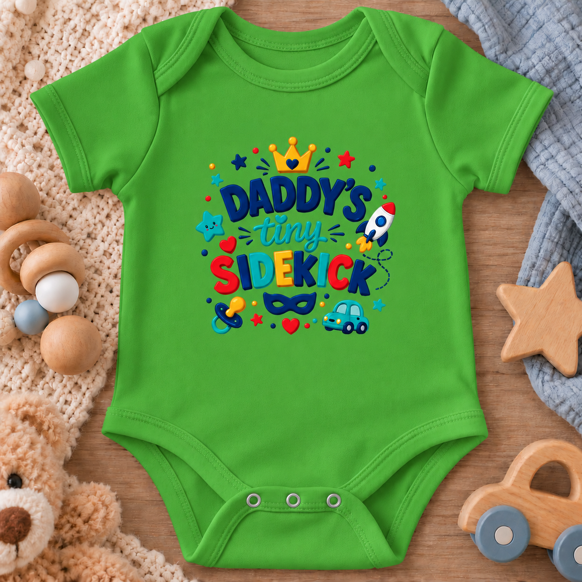A apple green baby bodysuit laid flat on a wooden surface, surrounded by baby toys including a wooden star, toy car, wooden rings, and a plush teddy bear. The bodysuit features a colorful graphic print that reads 'Daddy's tiny sidekick' with cartoon stars, a crown, rocket, and mask details.
