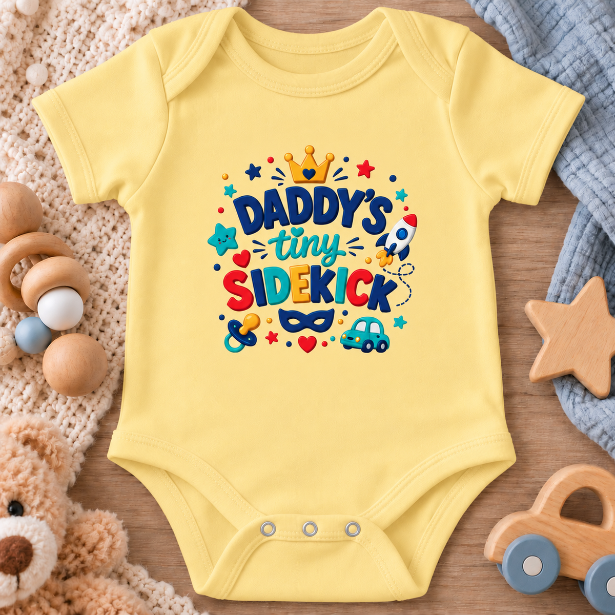 A butter yellow short-sleeve baby bodysuit laid flat on a wooden surface, surrounded by soft toys and knitted blankets. The front has a colorful graphic reading “Daddy’s tiny sidekick” with a crown, stars, rockets, and baby-themed icons.