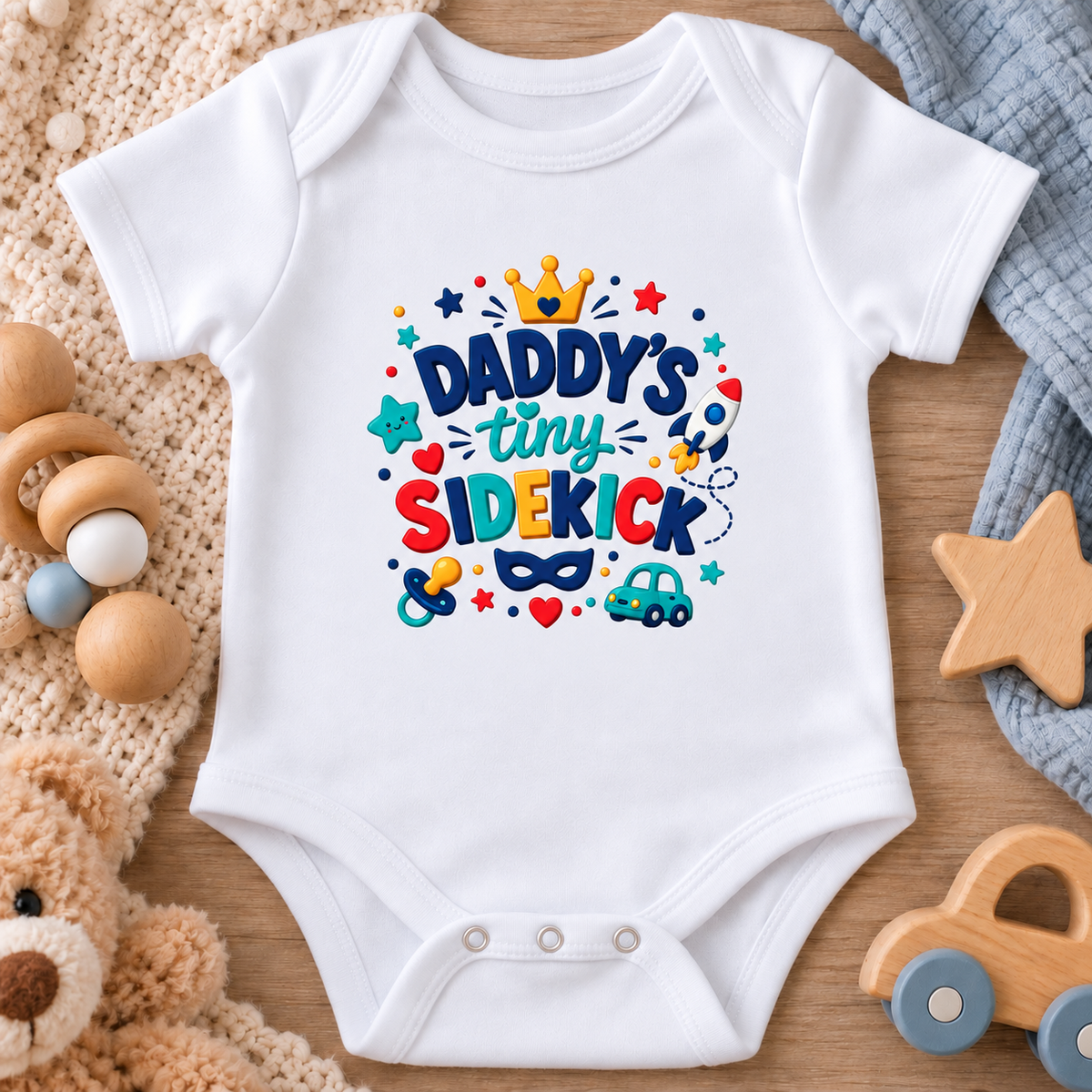 A white short-sleeve baby bodysuit laid flat on a wooden surface, surrounded by soft toys and blankets. The front has a colorful graphic that reads “Daddy’s tiny sidekick” with a crown, stars, hearts, a car, and other playful accents.