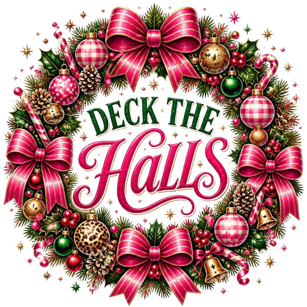 A festive Christmas wreath graphic with the words “Deck the Halls” in the center. The wreath is decorated with large pink striped bows, green pine branches, red berries, gold and leopard-print ornaments, candy canes, bells, and small star accents on a white background.