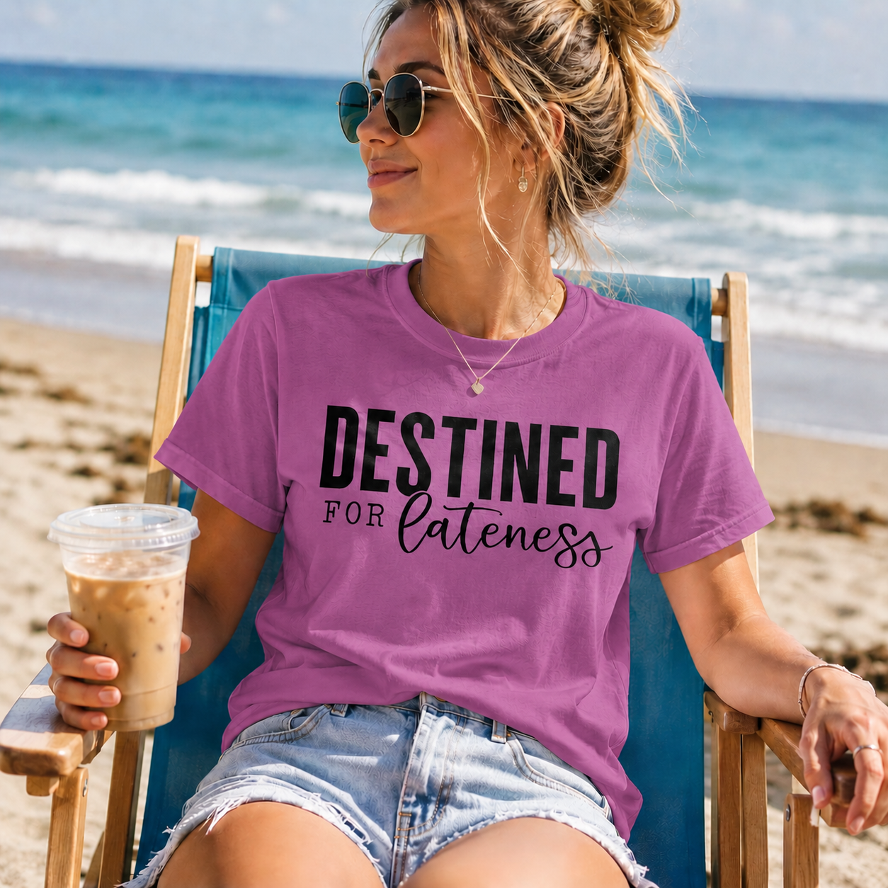 A woman sitting on a beach chair at the beach wearing a purple t-shirt with the text 'DESTINED FOR lateness' in black. She is holding an iced coffee and wearing denim shorts.