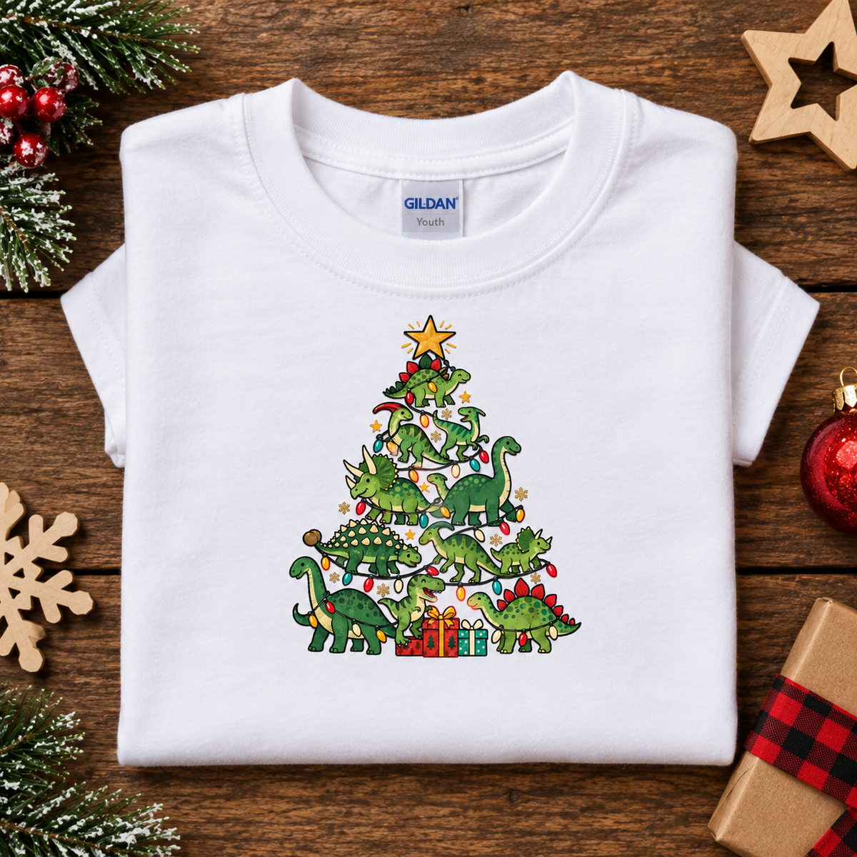 A folded white Gildan Youth t-shirt with a colorful Christmas tree made of dinosaurs printed on the front, displayed on a rustic wooden background with holiday decorations.
