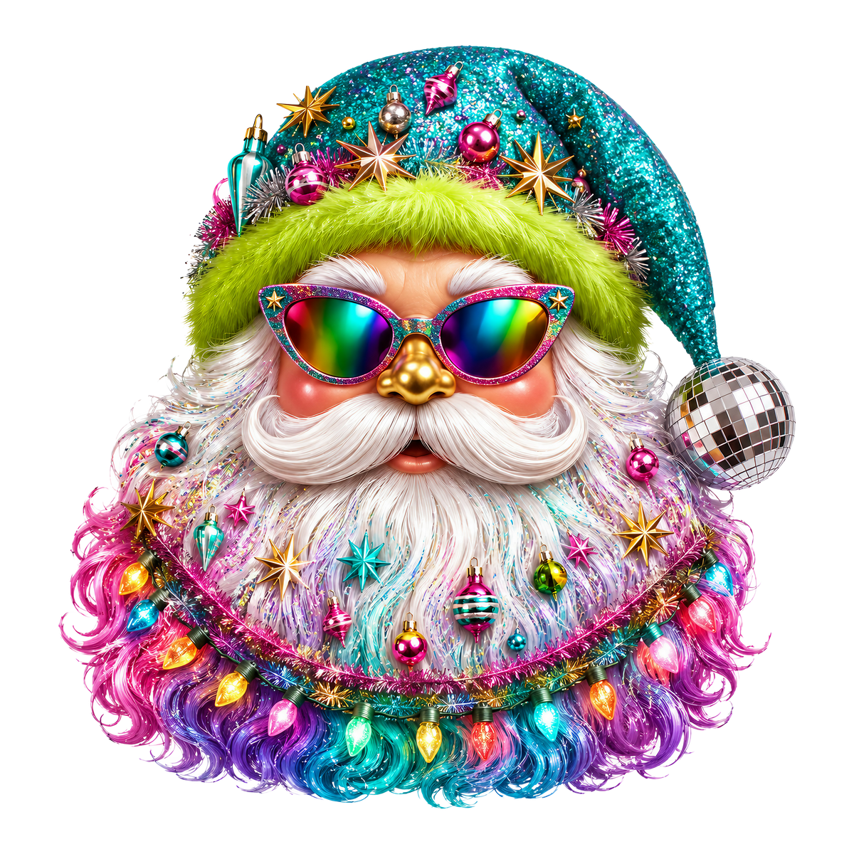 A highly stylized, colorful Christmas Santa portrait on a plain white background. The Santa figure wears a glittery teal hat decorated with ornaments, a bright green faux-fur trim, reflective rainbow sunglasses, a gold nose, and a fluffy white beard blending into pastel rainbow tones.