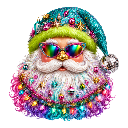 A highly stylized, colorful Christmas Santa portrait on a plain white background. The Santa figure wears a glittery teal hat decorated with ornaments, a bright green faux-fur trim, reflective rainbow sunglasses, a gold nose, and a fluffy white beard blending into pastel rainbow tones.